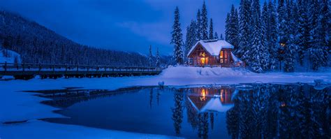 2560x1080 Resolution Forest House Covered in Snow 4K 2560x1080 ...