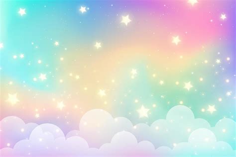 Rainbow unicorn background with clouds and stars. Pastel color sky ...