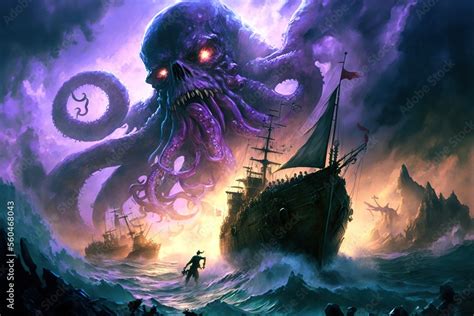 A giant purple octopus kraken monster attacking a pirate ship from the ...