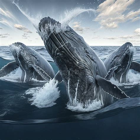 A Pod of Humpback Whales Breaching the Surface of the Ocean Stock ...