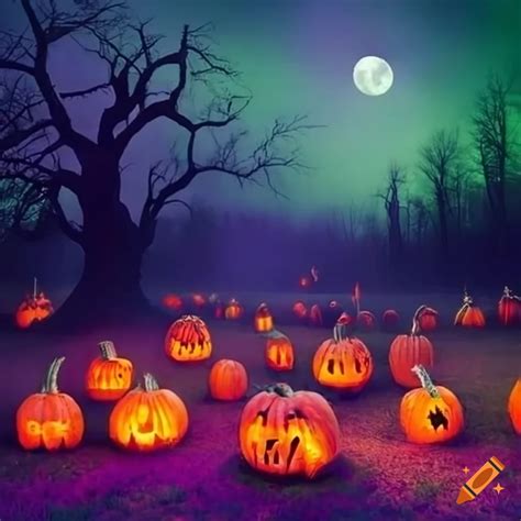 Spooky pumpkin patch at night on Craiyon