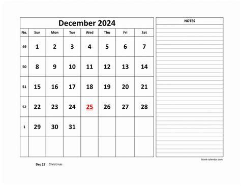 Free Download Printable December 2024 Calendar, large space for ...