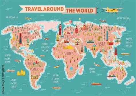 World travel map poster. Travel and tourism background. Vector ...