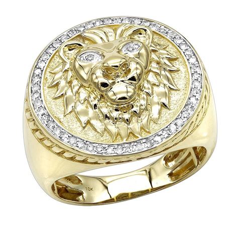 Solid 10K Gold Lion Head Diamond Ring for Men 0.3ct Luxurman Pinky ...