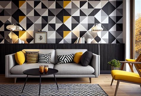 Premium AI Image | A living room with a geometric wallpaper on the wall