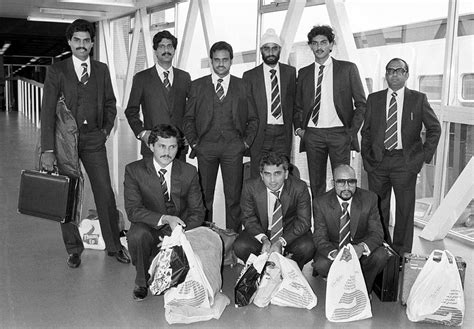 The Indian team arrives at Heathrow for the 1983 World Cup: (back L to ...