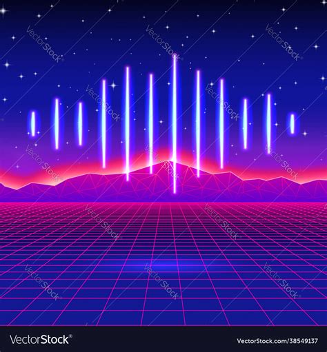 Retro gaming neon background with shiny music wave