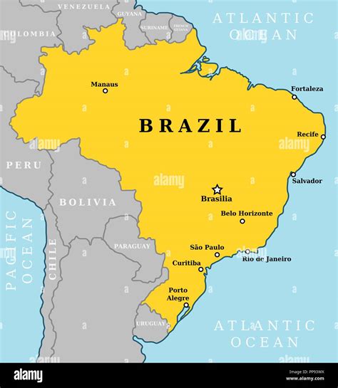 Map of Brazil. Country outline with 10 largest cities including ...