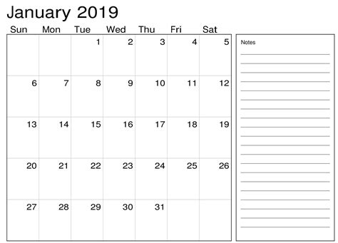 January 2019 Calendar PDF With Notes | Calendar printables, 2019 ...