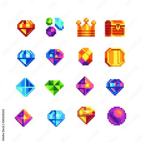 Precious stone pixel art icons set. Diamond, sapphire, topaz gemstone ...