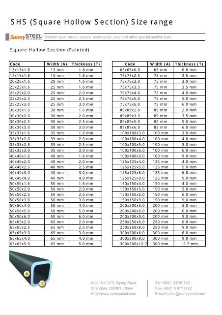 SHS (Square Hollow Section) Size range - Sunny Steel