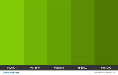 Green shades 5 colors. HEX colors #80c904, #73b504, #66a103, #5a8d03 ...