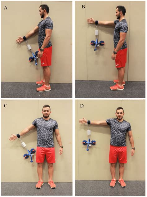 Isometric strength tests for: (A) shoulder flexion at 45 • ; (B ...