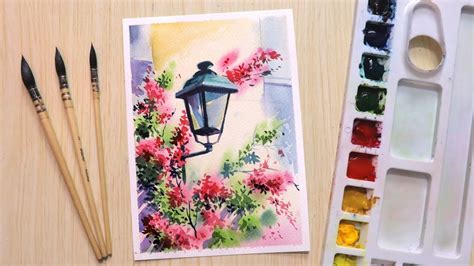 Watercolor painting for beginners beautiful flower and Lamp - YouTube