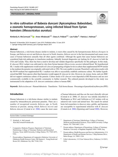 In vitro cultivation of Babesia duncani (Apicomplexa: Babesiidae), a ...