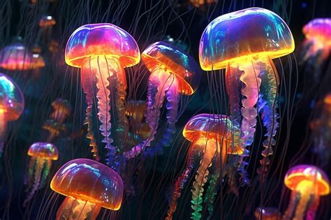 Premium AI Image | A group of jellyfish with neon colors.