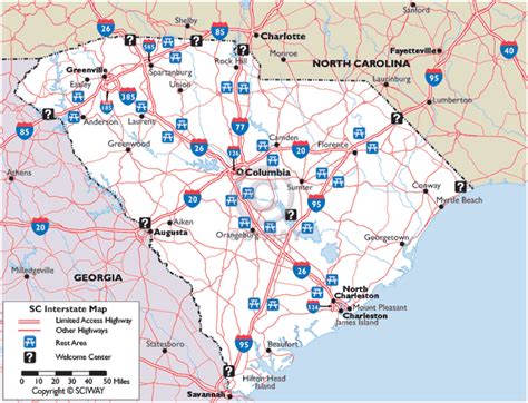 Map of South Carolina Interstate Highways with Rest Areas and Welcome ...