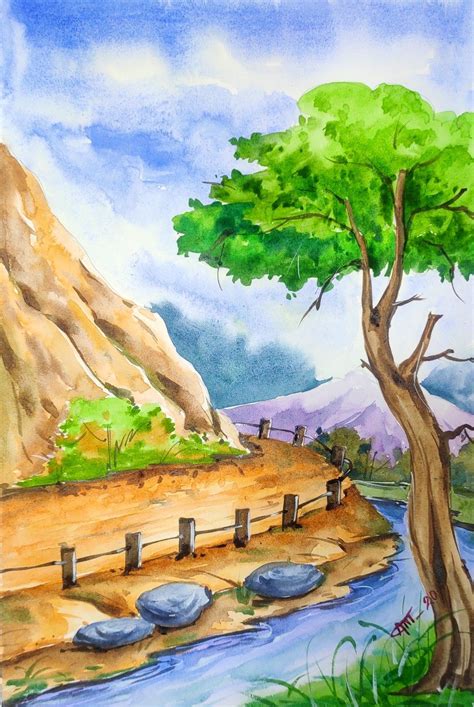 Watercolour painting of beautiful landscape with mountain | Watercolor ...