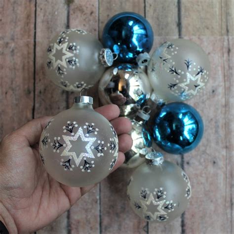 Vintage Glass Ball Ornament Set of 8 Blue Silver and White with Glitter ...