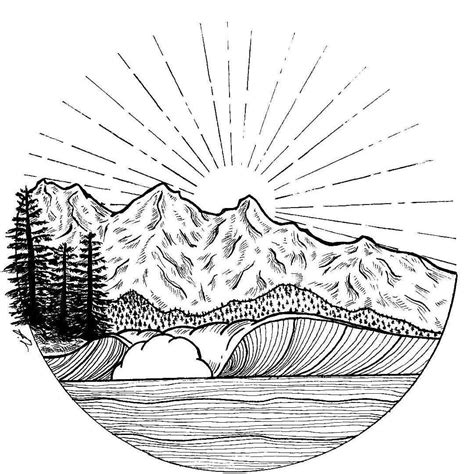 mountains and trees are depicted in this black and white drawing