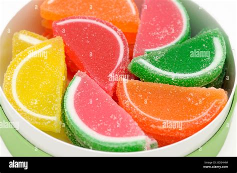 Jelly Fruit Slices in a box / Jelly Sweets, sugar coated Stock Photo ...