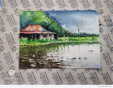 Watercolor Painting Of Village Scenery - Desi Painters