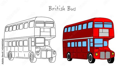 Red British bus. England, London double decker bus . Black white ...