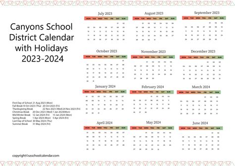 Canyons School District Calendar with Holidays 2023-2024