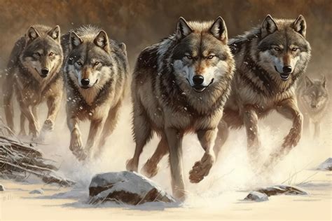 Premium Photo | Pack of wolves following the trail of a prey created ...