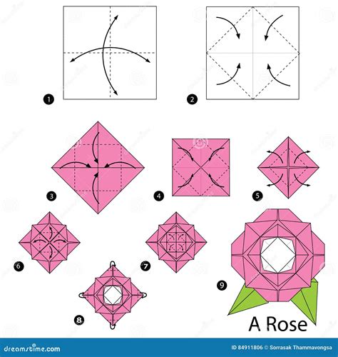 Step By Step Instructions How To Make Origami A Rose. Vector ...