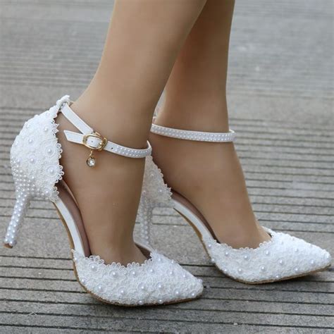 White lace wedding shoes Elegant heels thin heels pointed toe high ...