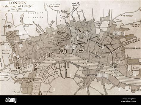 An old map of London at the time of King George I, (circa 1700s Stock ...