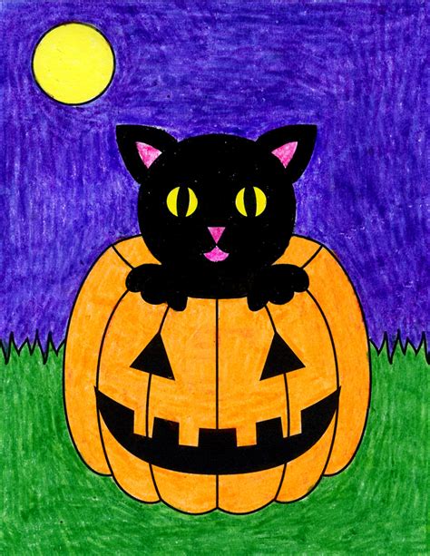 How to Draw a Halloween Cat Tutorial and Halloween Cat Coloring Page ...