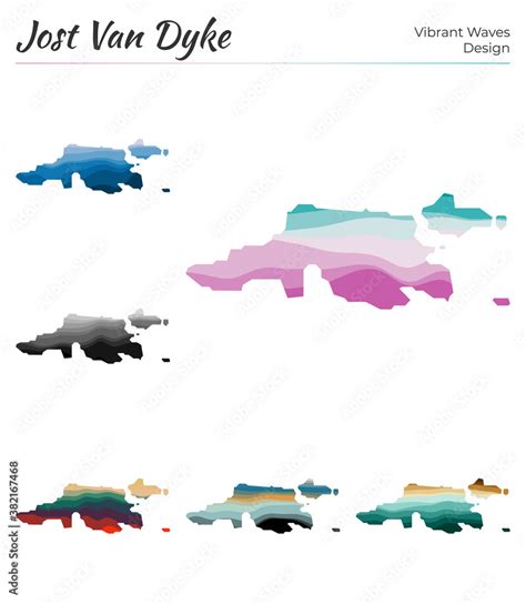 Set of vector maps of Jost Van Dyke. Vibrant waves design. Bright map ...