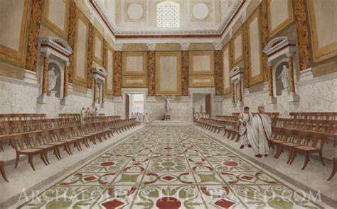 a painting of a man walking through a large room with benches and ...