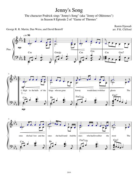 Jenny's Song ("Jenny of Oldstones", piano or voice and piano) Sheet ...