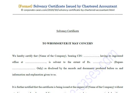 Solvency Certificate format by Chartered Accountant CA & Bank