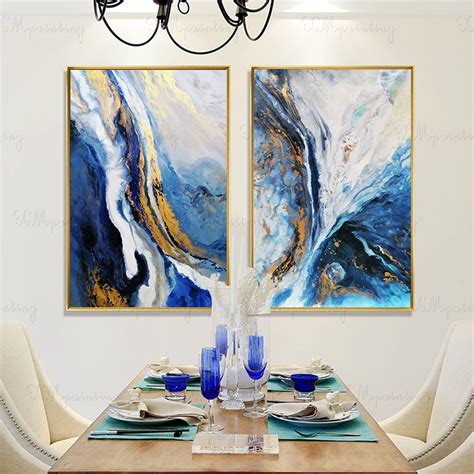 Navy Blue Abstract Painting on Canvas Wall Art Framed for Living Room ...