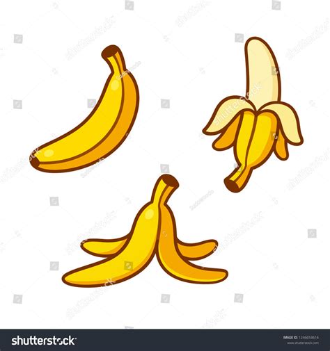 Set of cartoon banana drawings: single, peeled and banana peel on the ...