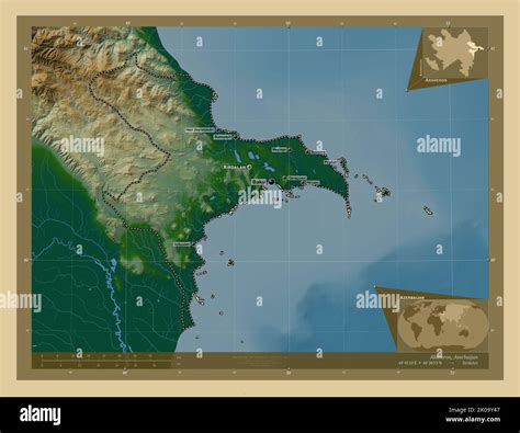 Absheron, region of Azerbaijan. Colored elevation map with lakes and ...