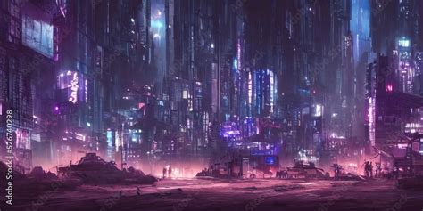 Dystopian futuristic cyberpunk city at night in a neon haze. Blue and ...