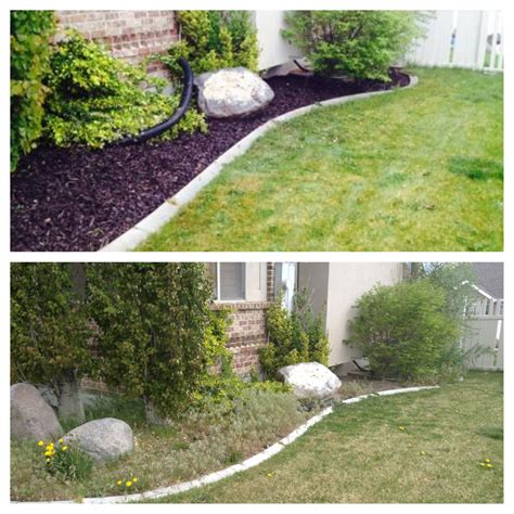 Spring yard clean up, weeding and mulch installed. The dark brown mulch ...