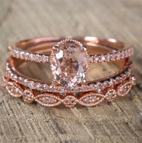 Sale 2 carat Antique Milgrain Oval Shape Morganite & Diamond Trio Ring ...