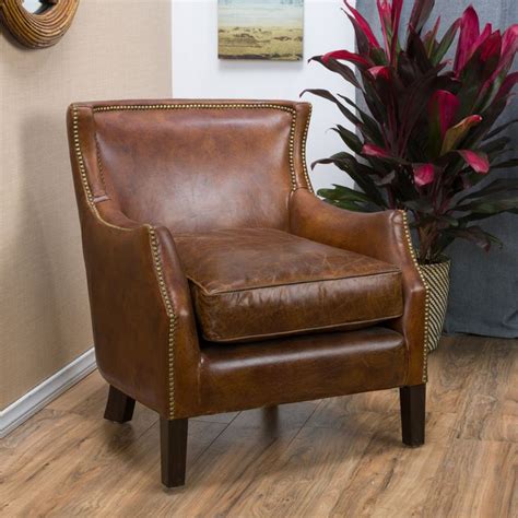 Napier Brown Top Grain Leather Upholstered Club Chair with Nailhead ...