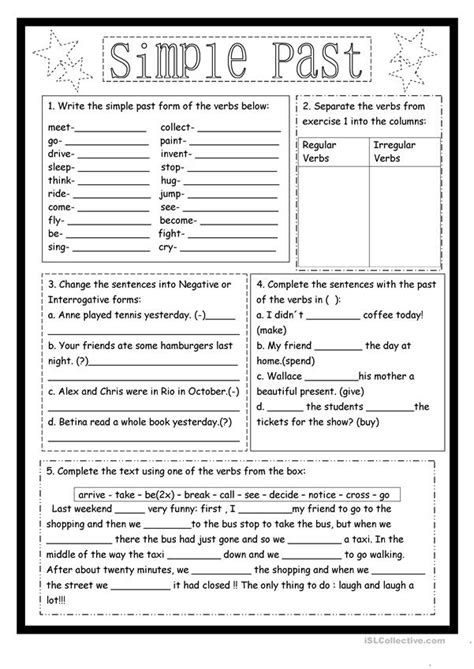 Exercícios simples do passado para revisão - Inglês ESL Worksheets ...