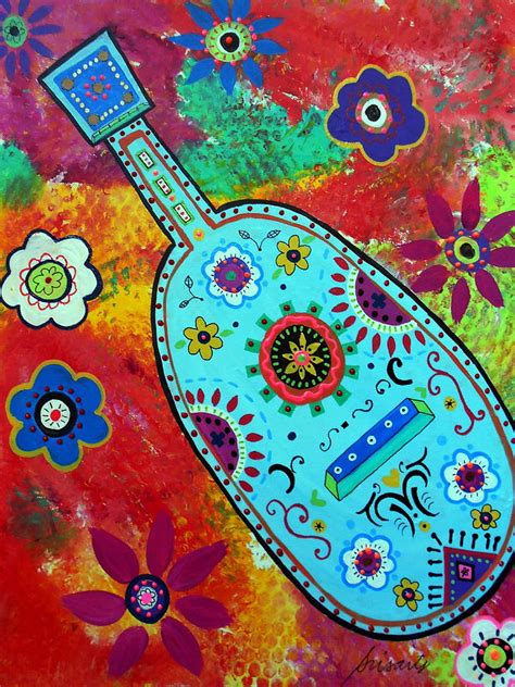 Mexican Folk Art Guitar Painting by Pristine Cartera Turkus