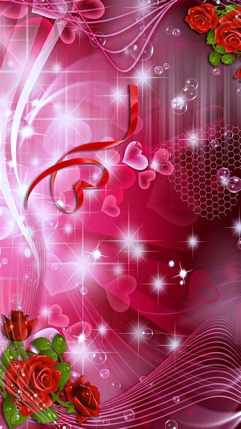 Hearts and roses, bubbles, heart, pink, red, rose, stars, HD phone ...