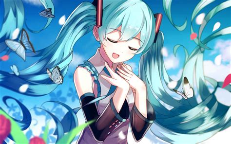 Download wallpapers Miku Hatsune, artwork, Vocaloid, butterflies, girl ...