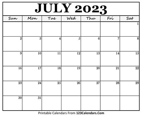 July 2023 Calendar Printable - 123calnedars.com｜123Calendars.com