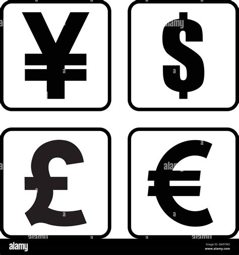 Yen / Yuan, Dollar, Pound and Euro currency symbol set, square money ...